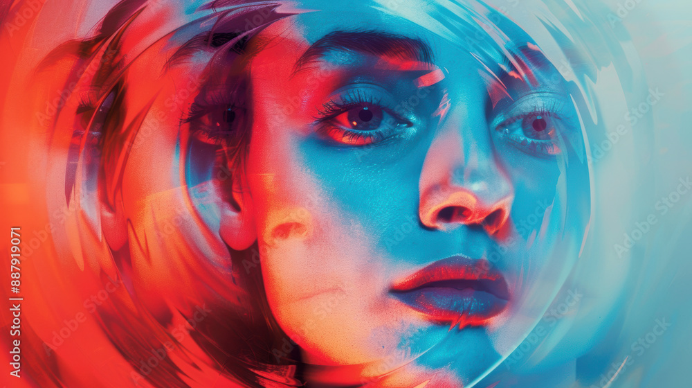 Poster a vibrant and abstract portrait of a woman's face, bathed in swirling hues of red and blue. the dyna