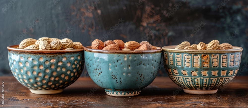 Aufkleber three pristine ceramic bowls displaying hazelnuts walnuts and peanuts against a dark background crea