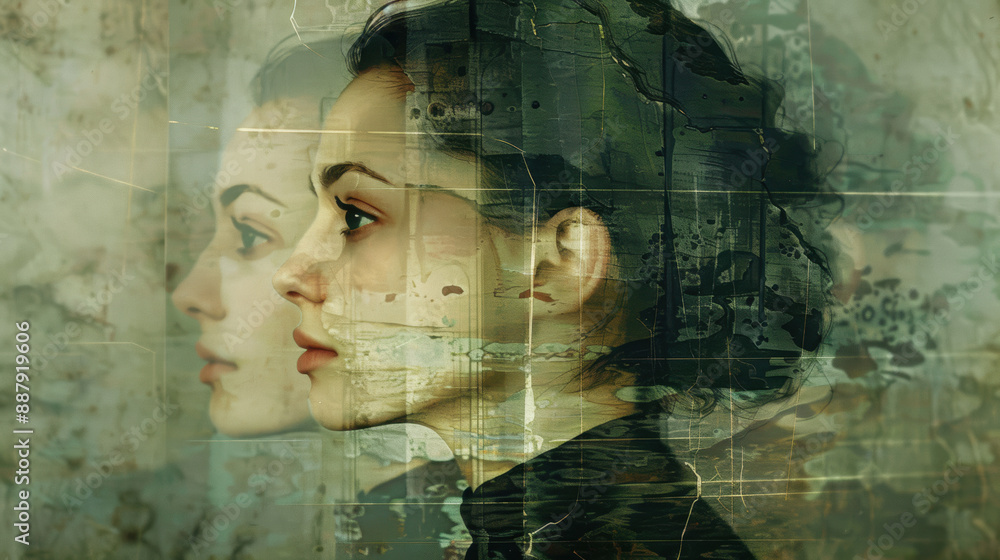 Poster a layered and abstract portrait of a woman in profile, with her reflection creating a sense of depth