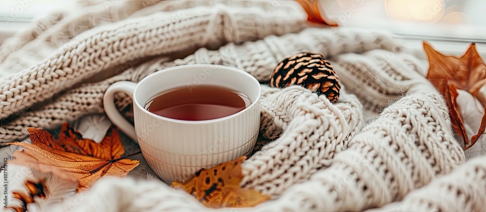 Poster Warm and cozy fall themed image with a cup of tea and a soft knitted sweater in the background perfect for adding text or graphics with copy space
