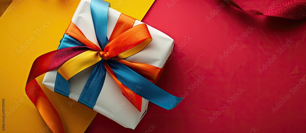 Poster A holiday gift beautifully wrapped in paper with a colorful ribbon displayed on a vibrant table from a top view with empty space for text or images. with copy space image
