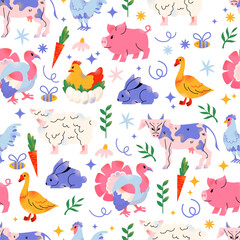 Obraz premium Big vector farm animals seamless pattern. Big collection with cow, sheep, turkey, rabbit, duck, hen, pig. Food for animals. Countryside, agriculture. Cute farm animal isolated on white background