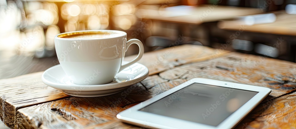 Poster Coffee cup placed on a cafe table with a tablet next to it creating a structured scene with a prominent copy space image