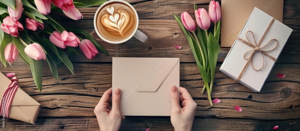Poster Top view composition of a woman s work area featuring a blank greeting card envelope and Mother s Day gifts with a latte art cup and a tulip bouquet Ample copy space is available in the image
