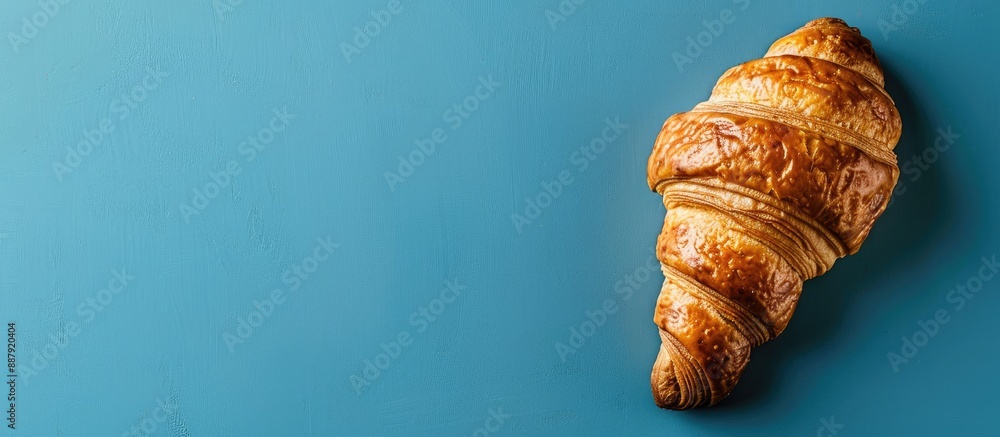 Fototapete a fresh croissant is displayed on a blue background with copy space perfect for a rustic food backgr