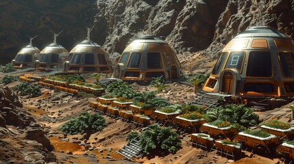 An illustration depicting futuristic dome-shaped structures and plant-filled vehicles in a red Martian landscape.