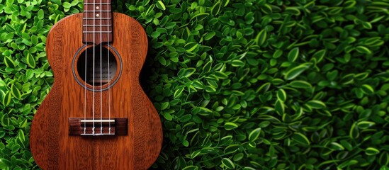 Copy space image of a ukulele against a green grass backdrop