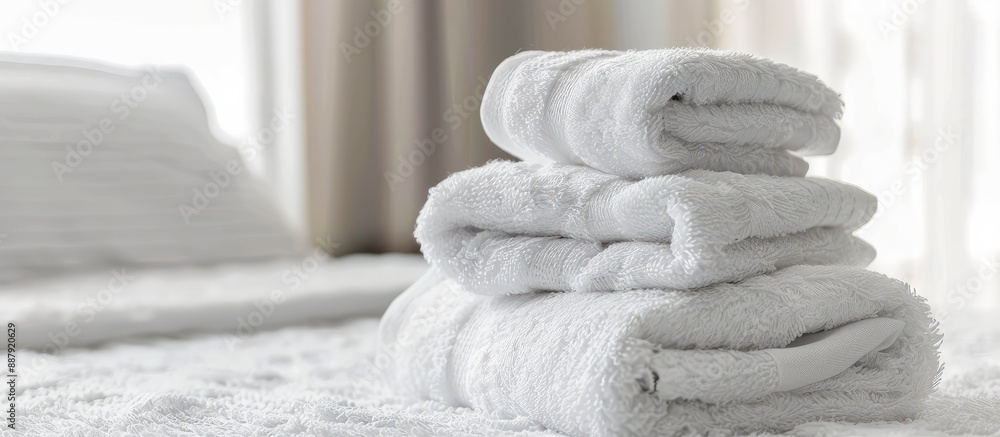 Aufkleber clean towels neatly stacked on a bed with copy space image