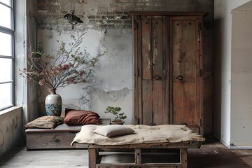 Rustic Interior Design with Wooden Furniture and Floral Accents