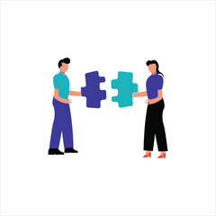 Obraz premium Putting puzzle pieces together to create brilliant business solutions, depicting the spirit of teamwork and partnership in a flat style vector illustration