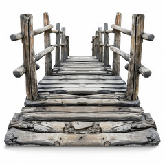 Obraz premium Old wooden bridge without additional elements, front view, weathered planks, isolated on white background