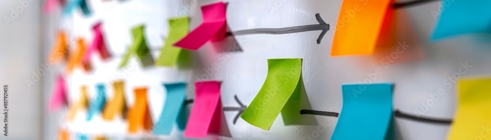 Poster colorful sticky notes on whiteboard with arrows for workflow process, project management, brainstorm
