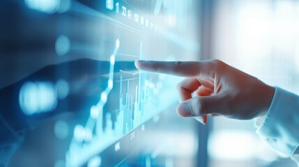 hand interacting with interactive data visualization screen, modern business analytics and data analysis, touchscreen technology, digital marketing and strategy