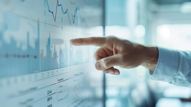 businessman analyzing financial data on touch screen display, interactive chart, growth, strategy, modern office, technology, innovation, corporate, presentation, business meeting, market research, su - Powered by Adobe