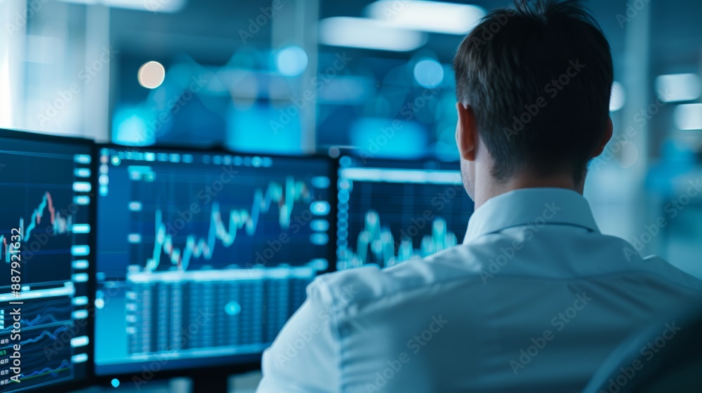 Poster focused businessman monitoring stock market data on multiple computer screens in modern office setti