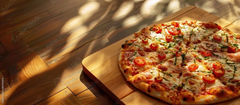 Poster a delectable pizza sits atop a durable wooden board with space for adding text or images. copy space
