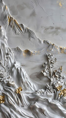 Volumetric stucco molding on a concrete wall with silver and gold elements. sea ​​and mountain landscape