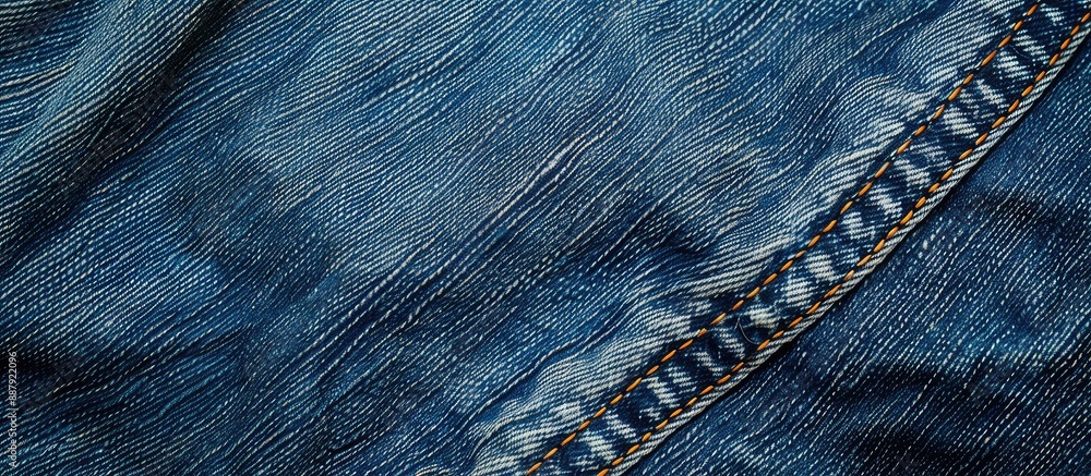 Poster denim fabric close up with visible seam details suitable for a copy space image