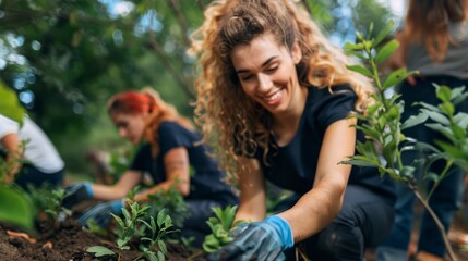 Fototapeta premium Group of young adults gardening outdoors, planting and nurturing plants in a vibrant green garden on a sunny day.