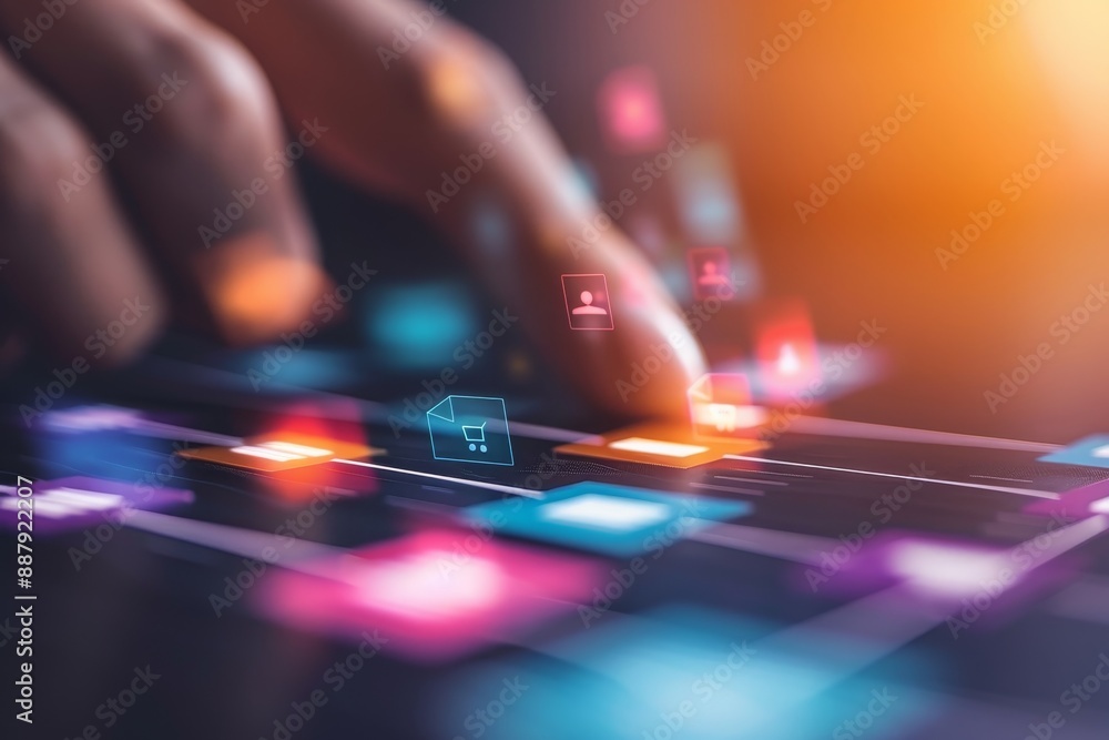 Poster close-up of fingers interacting with a digital interface with colorful icons and glowing lights.