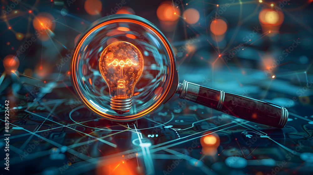 Poster magnifying glass focusing on a target and creativity. a creative light bulb objective generation of 