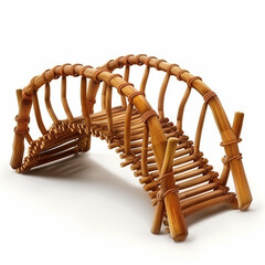 Wooden bridge made of wood slices and planks, with wicker railing, isolated on a white background