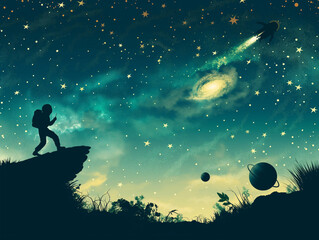 Naklejka premium Night landscape with Silhouette of a astronaut jumping starry night with big steampunk spaceship 