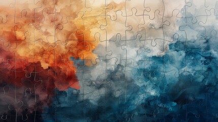 Abstract puzzle art combining warm and cool tones, depicting a surreal blend of orange, red, and blue hues in a unique arrangement.