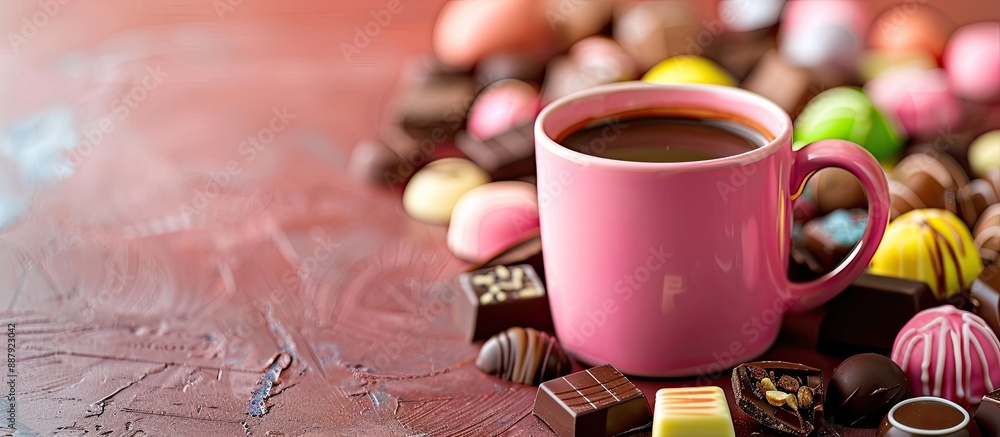 Poster a vibrant image showing colorful chocolates and a mug set on a table with copy space image