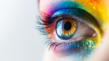 Close-up of a colorful rainbow woman eye isolated on panoramic white background with copy-space, colors vision, LGBTQ pride concept 