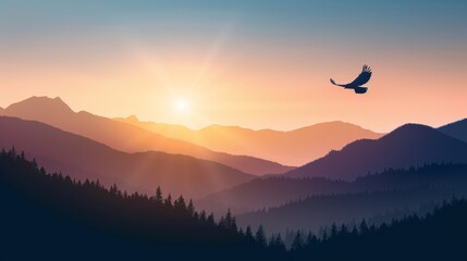 majestic eagle soaring over mountain range at sunrise, symbol of freedom and aspiration, inspiring landscape photograph.