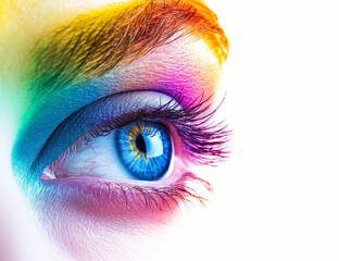 Close-up of a colorful rainbow woman eye isolated on panoramic white background with copy-space, colors vision, LGBTQ pride concept 