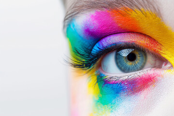 Close-up of a colorful rainbow woman eye isolated on panoramic white background with copy-space, colors vision, LGBTQ pride concept 