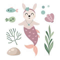 Mermaid clipart. Cute mermaid animal clipart in cartoon flat style. Ocean clip art. Nautical Hand drawn vector illustration