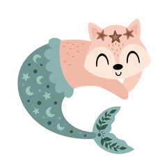 Mermaid clipart. Cute mermaid animal clipart in cartoon flat style. Ocean clip art. Nautical Hand drawn vector illustration