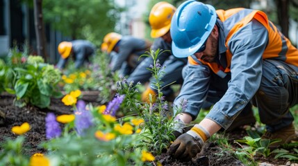 Workers in protective gear planting flowers in a landscaped garden, showcasing teamwork and urban greening efforts in a city.