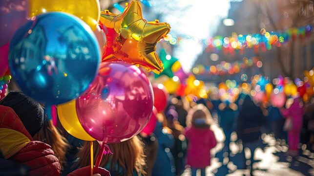 People attending a festive parade with colorful floats, representing community holiday events