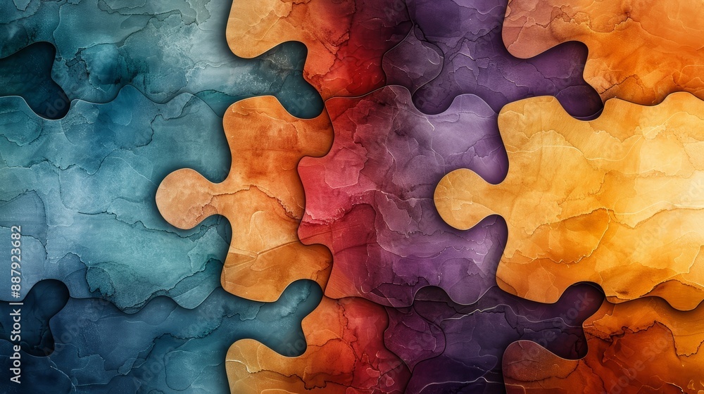 Poster abstract colorful puzzle pieces with watercolor texture, showcasing vibrant hues and intricate patte