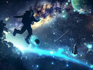 Obraz premium Night landscape with Silhouette of a astronaut jumping starry night with big steampunk spaceship 