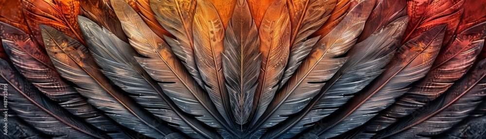 Poster abstract digital artwork featuring symmetrical feathers in gradient hues of orange, red, and gray, c
