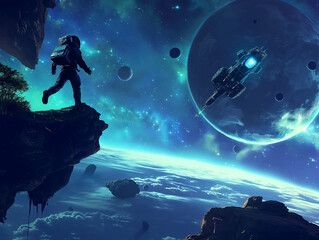 Fototapeta premium Night landscape with Silhouette of a astronaut jumping starry night with big steampunk spaceship 