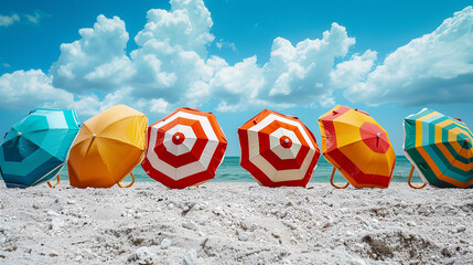 Obraz premium Colorful beach umbrellas lined up on a sandy beach with a bright blue sky and fluffy clouds, symbolizing a perfect summer day.