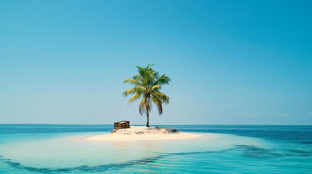 A solitary palm tree on a tiny island in the middle of a calm blue sea, representing isolation, tranquility, and paradise.
