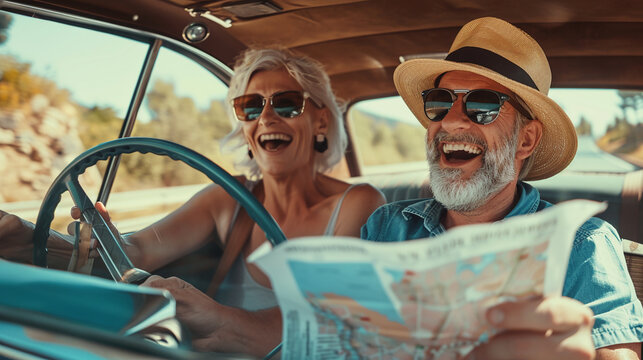 An elderly couple enjoying a road trip in a vintage car, capturing the joy of travel and adventure.