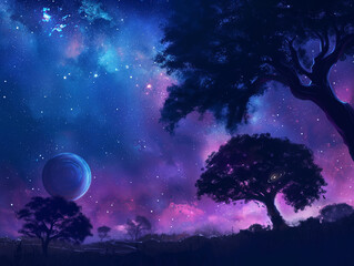 Naklejka premium Night landscape with and starry night with 