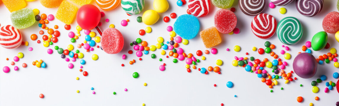 Panorama of colorful candies isolated on white background, gay LGBTQ pride concept header and web