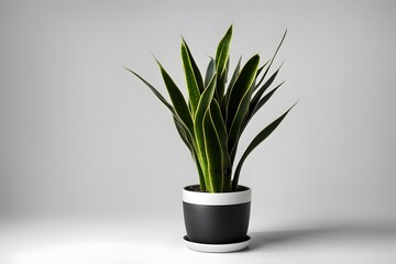  Snake plant in black pot white background, AI Generated