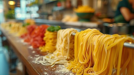 Traditional Italian Kitchen: Displaying Freshly Made Pasta Drying on Rack