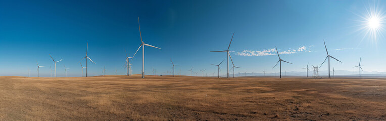 Fototapeta premium Wind turbine field at filds, blue sky