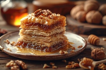 Greece Baklava Diamond-shaped pieces of flaky pastry layered with chopped nuts and honey syrup, served on a white plate with a drizzle of extra honey.